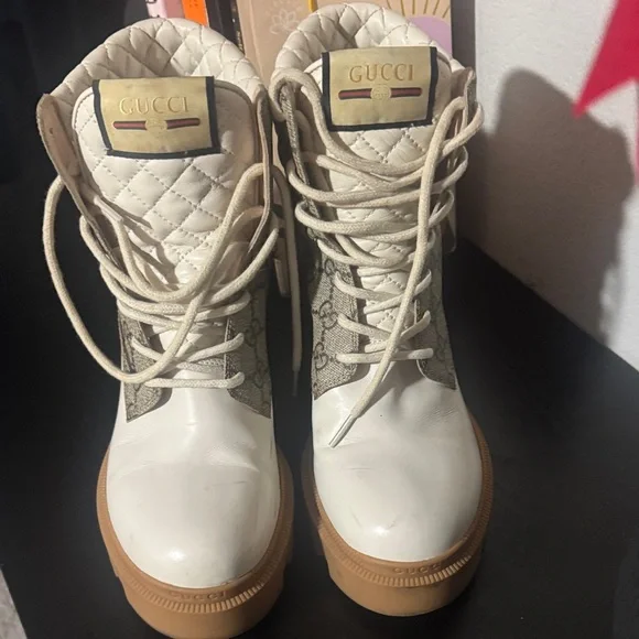 Gucci GG Monogram Combat Boots – White Leather – Size 40 – Authentic